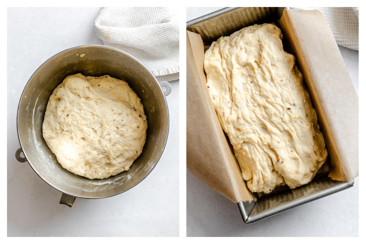 Risen dilly bread dough in a mixing bowl next to the dough in a bread pan.