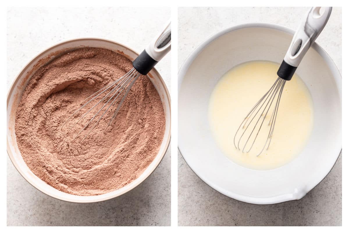 Dry ingredients whisked in a bowl next to a bowl with oil and buttermilk.
