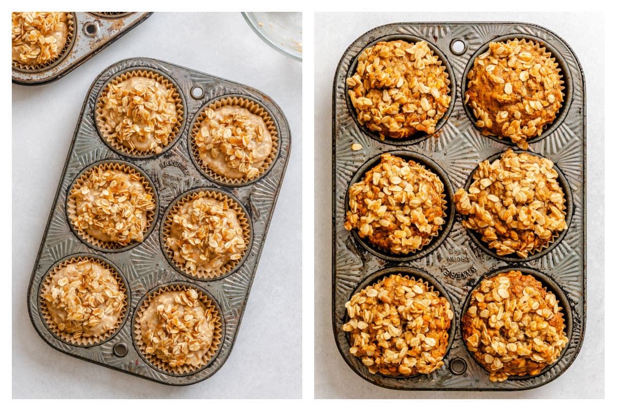 Unbaked banana oatmeal muffins in a tin next to baked muffins in the tin.