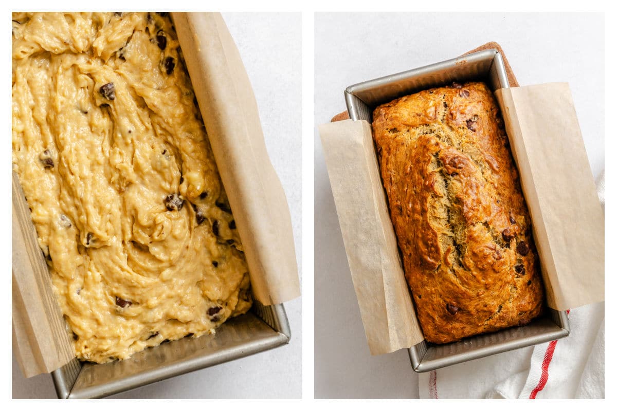 Banana chocolate chip bread batter in a pan next to the baked loaf in a pan.