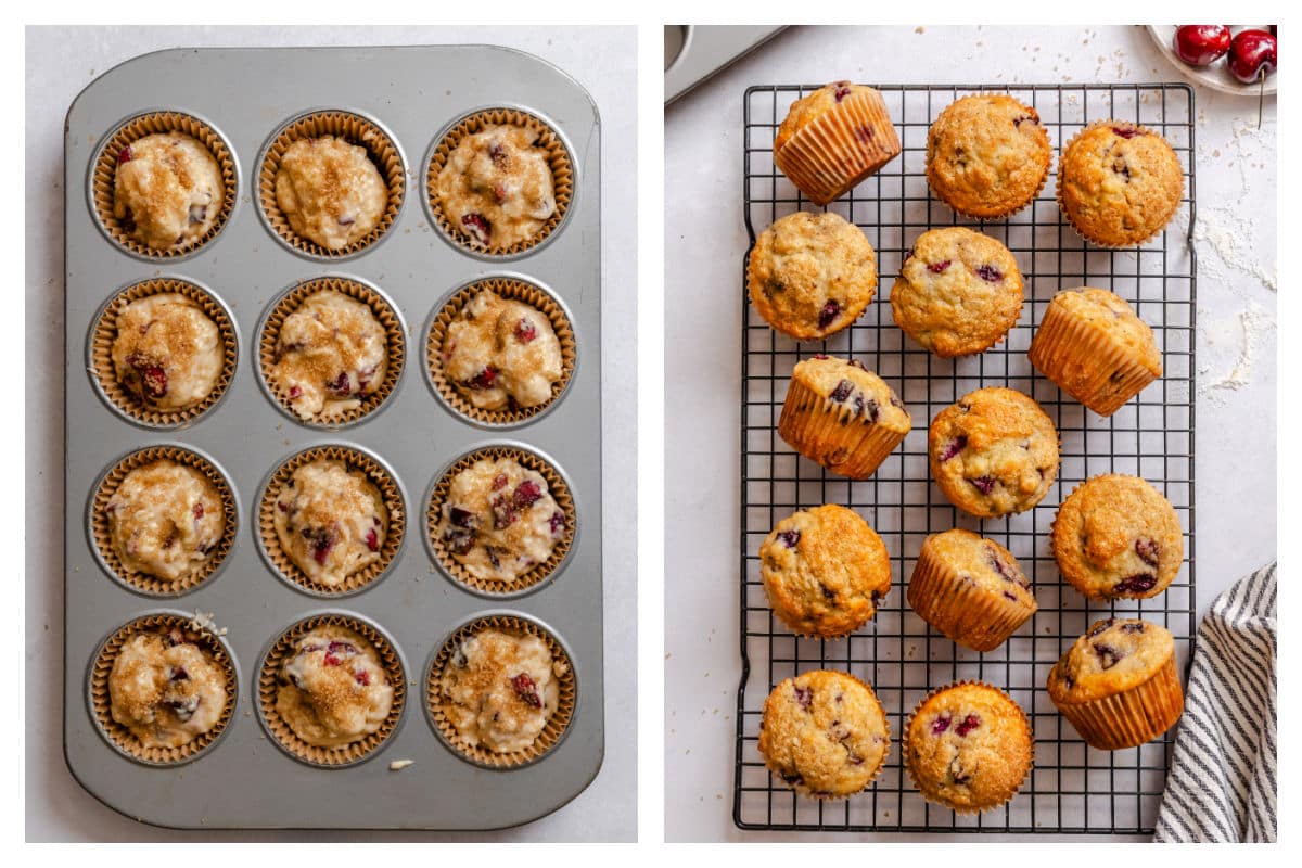 Coarse sugar over muffin batter next to baked cherry muffins on a wire cooling rack.