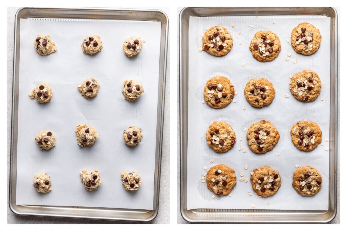 Scoops of banana oatmeal chocolate chip cookie dough on a baking sheet next to the baked cookies.