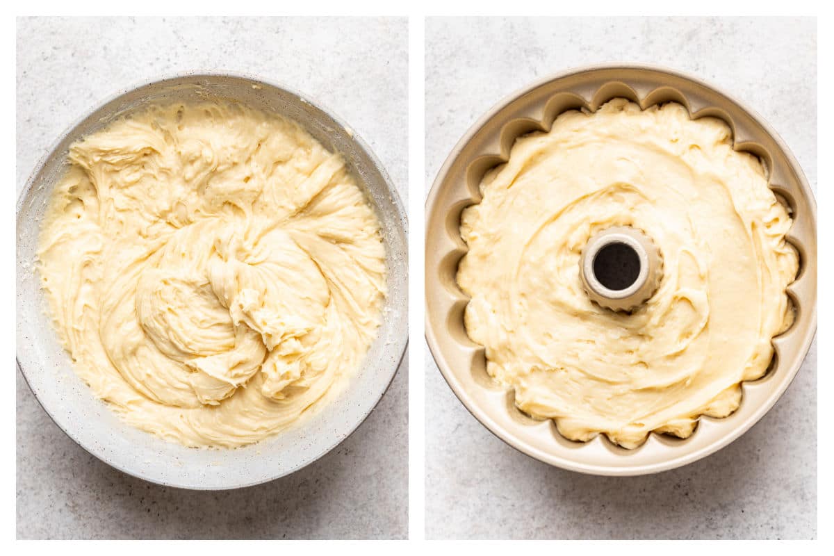 Dry ingredients mixed in for lemon pound cake next to the batter in a bundt pan.