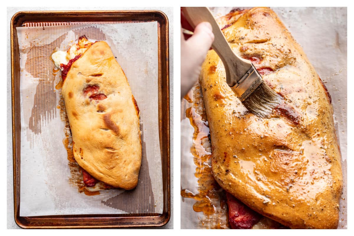 Baked stromboli on a baking sheet next to garlic butter brushing onto stromboli.