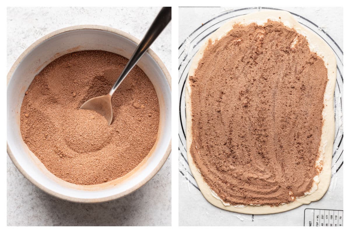Cocoa filling mixture in a bowl and spread over the butter on the rolled out dough.