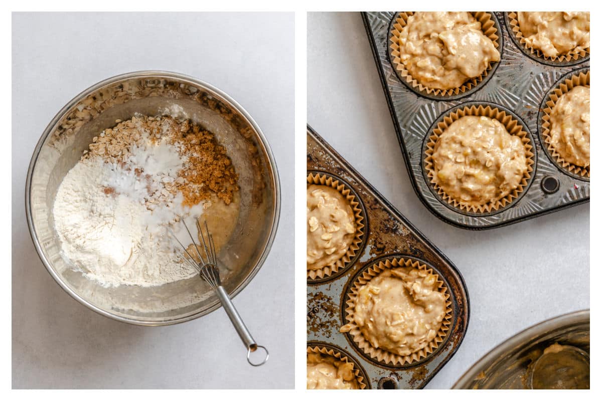 Dry ingredients on top of wet ingredients for banana oatmeal muffins.