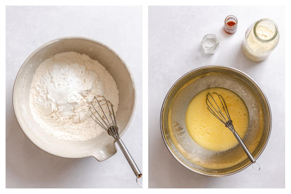 Dry ingredients in a mixing bowl next to butter and eggs in a mixing bowl.