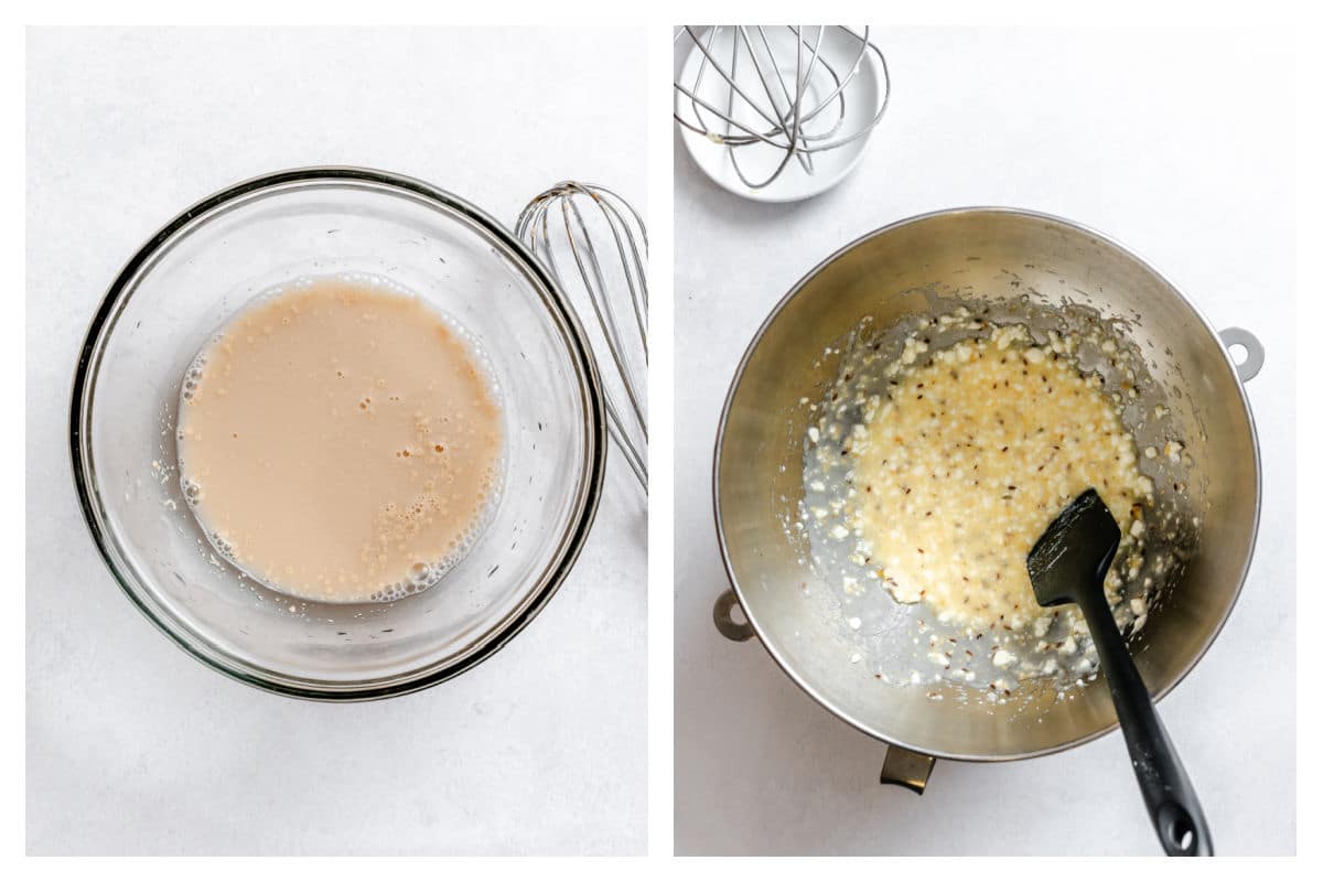 Yeast proofing in a bowl next to cottage cheese, sugar, egg, seasonings, and butter stirred together.