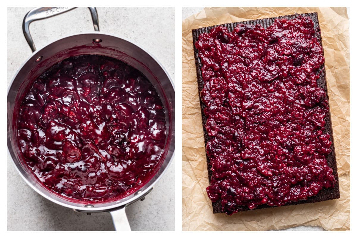 Cherry topping in a saucepan next to the topping on a chocolate cake.