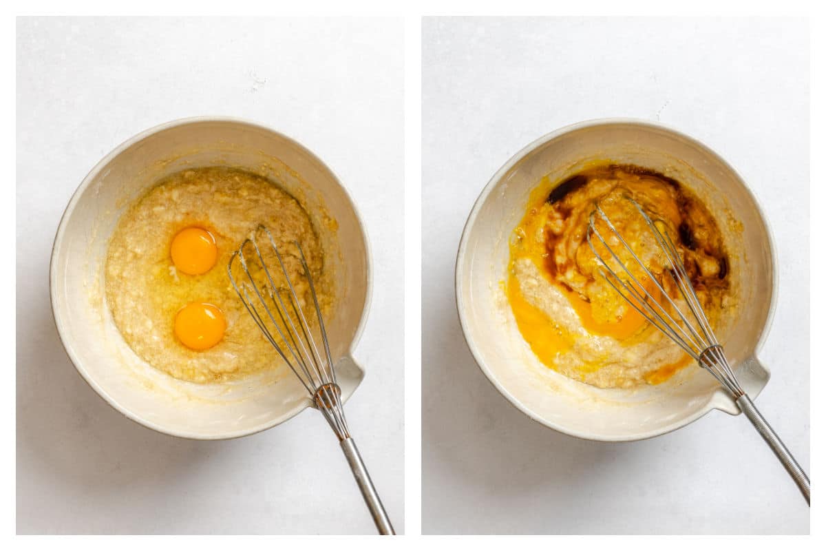 Eggs and vanilla whisked into banana mixture.