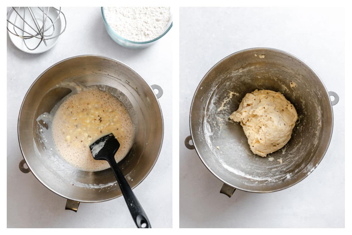 Yeast mixture stirred into cottage cheese mixture in a bowl next to cottage cheese bread dough in a mixing bowl. 