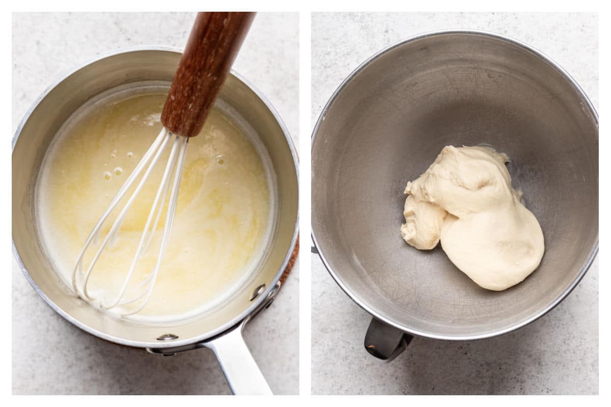Saucepan with milk and butter next to dough in a mixing bowl. 