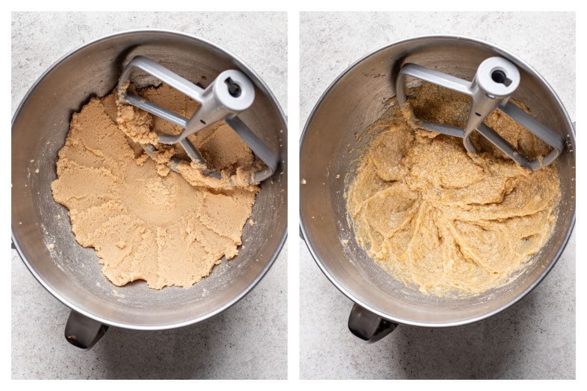 Creamed butter and sugar in a mixing bowl next to banana egg and vanilla mixed in.