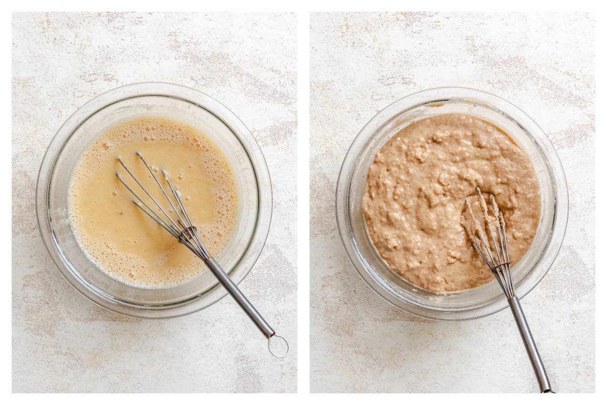 Wet ingredients in a bowl next to dry ingredients for applesauce muffins whisked in.