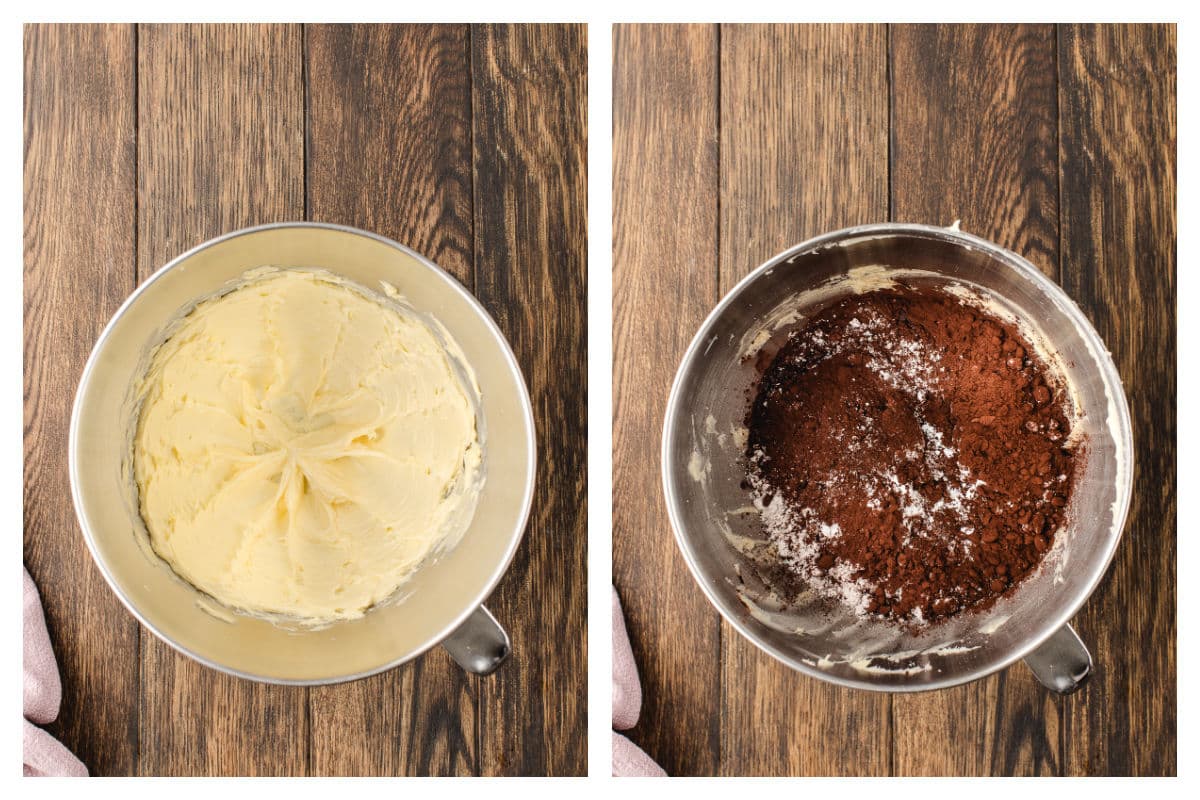 Beaten butter in a mixing bowl next to dry ingredients on top of the beaten butter. 