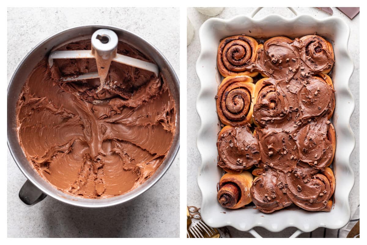 Chocolate frosting in a bowl next to partially iced chocolate cinnamon rolls in a pan.