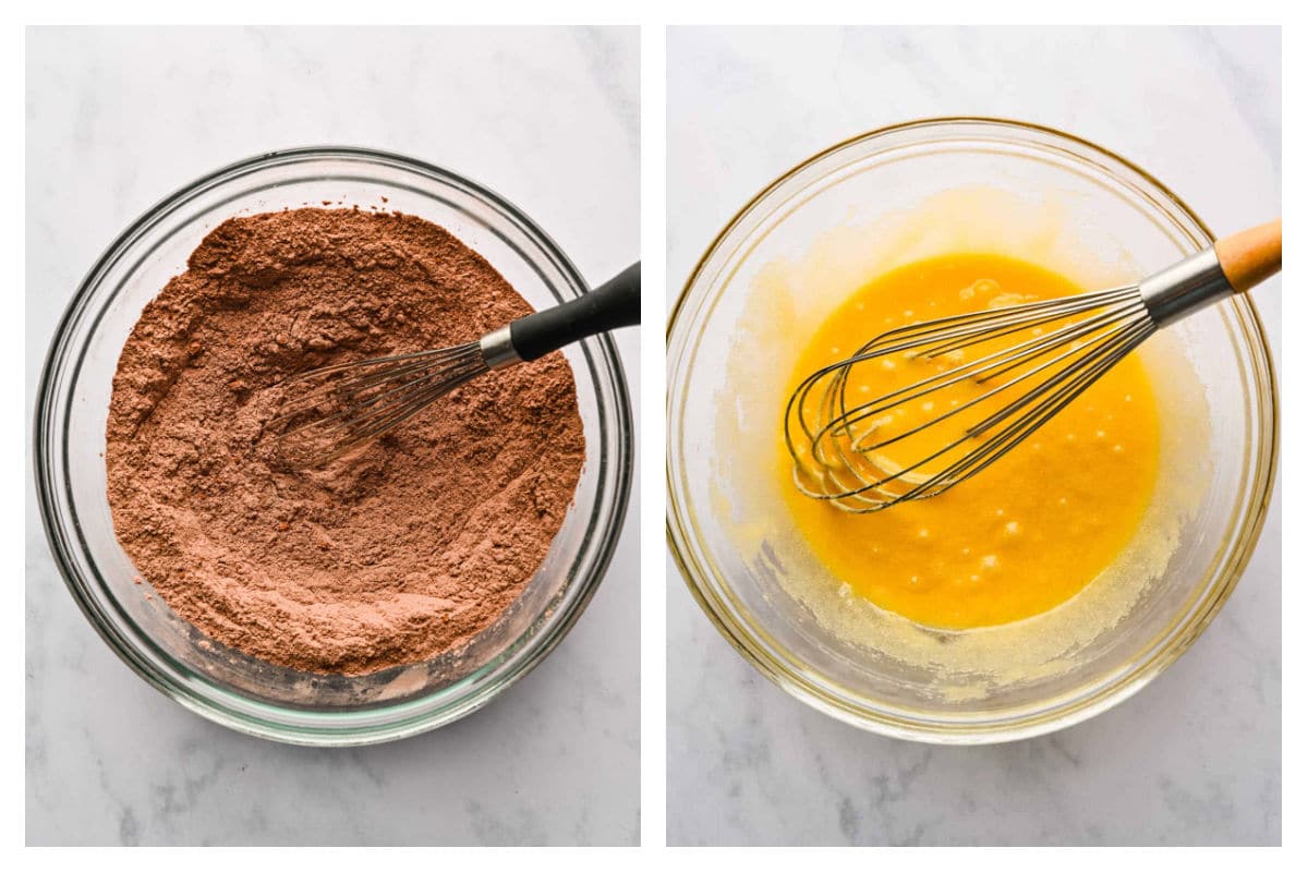 Dry ingredients whisked together in a bowl next to eggs sugar and butter whisked together.