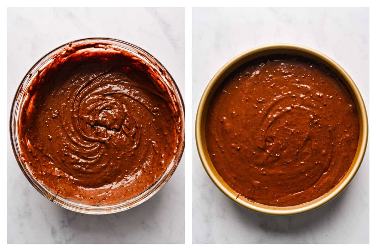 Brownie cake batter in a bowl next to the batter in a cake pan.