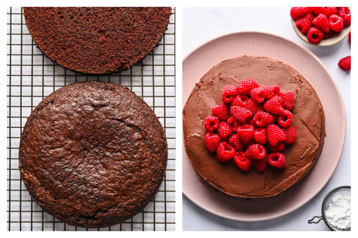 The cake cut in half on a wire cooling rack next to the frosted cake topped with raspberries.