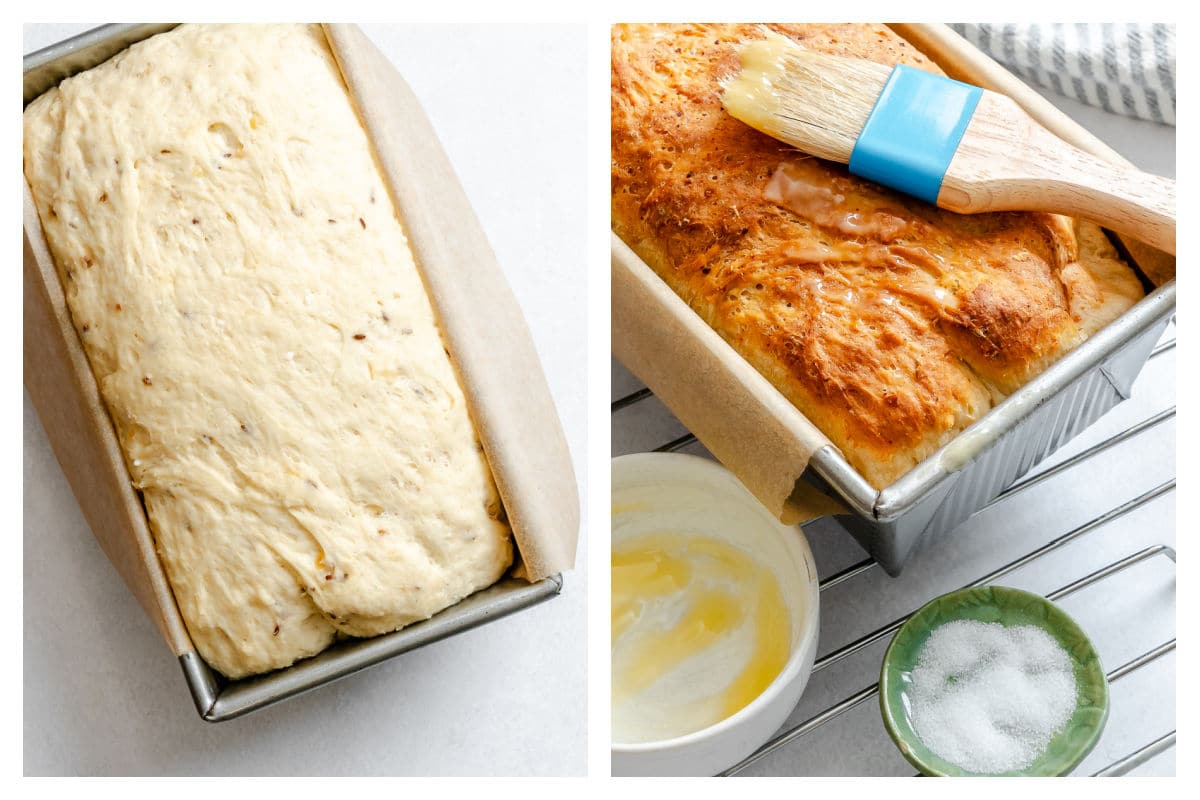 Risen dilly bread in a bread pan next to a brush brushing melted butter on top. 