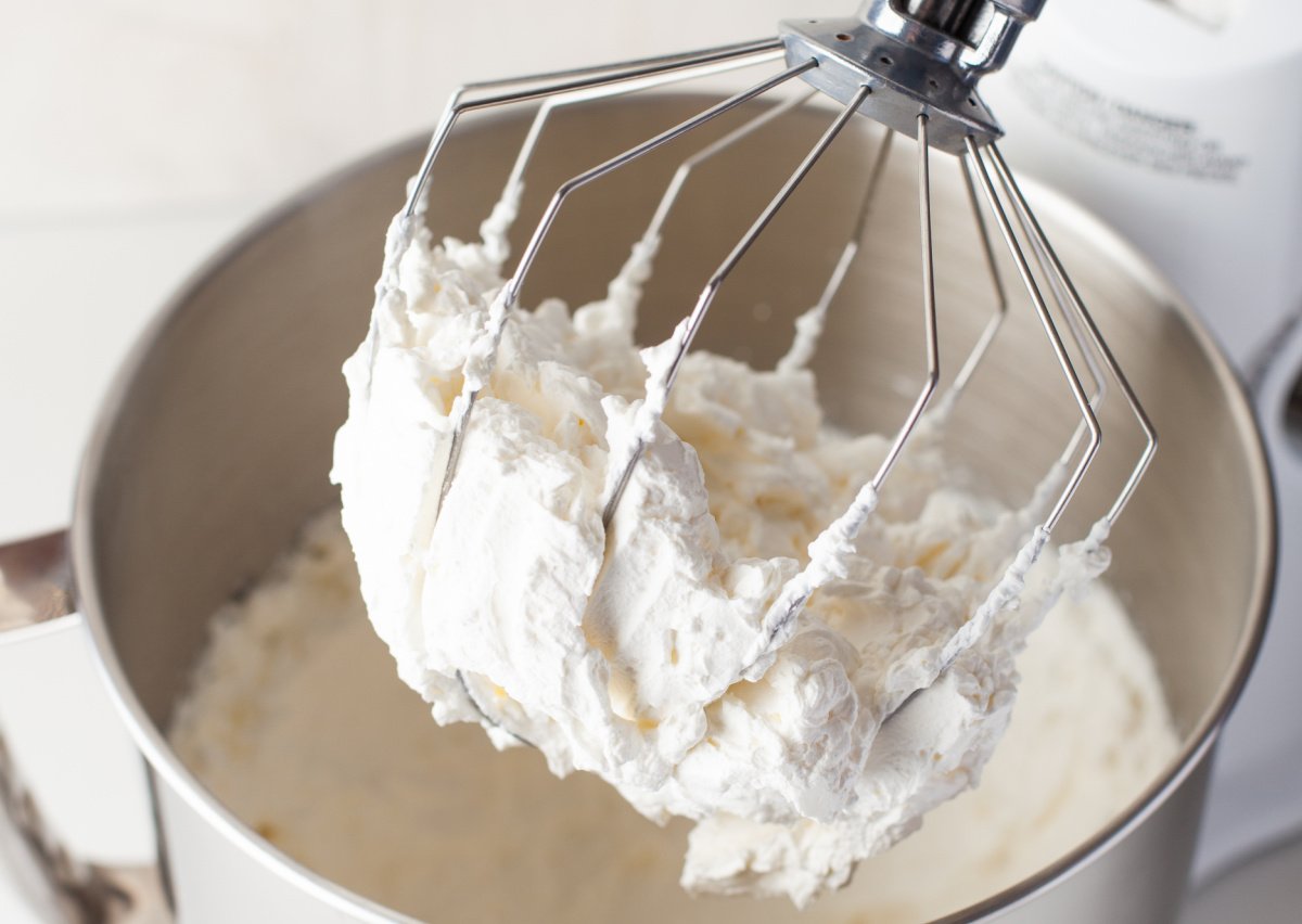 Homemade whipped cream on a wire beater attachment.