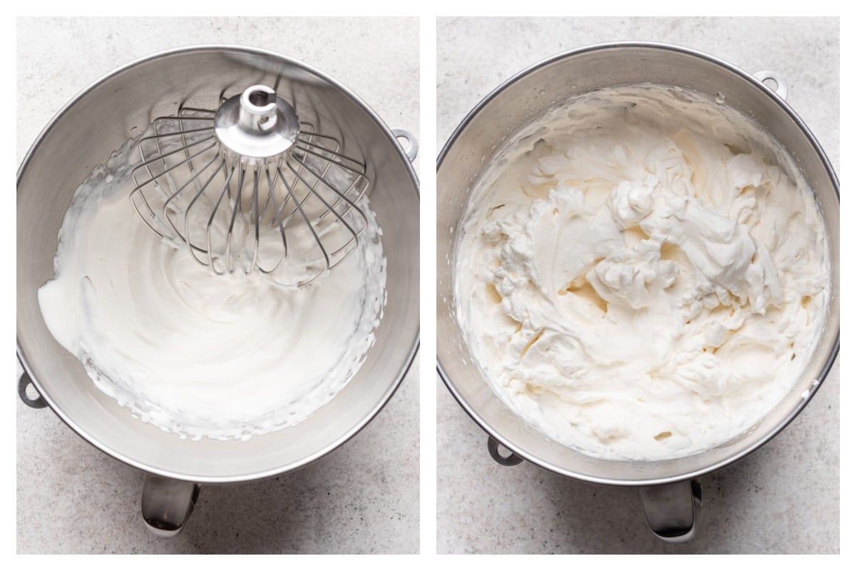 A bowl of soft whipped cream with a whisk attachment in it next to a bowl with stiff beaten whipped cream in it.