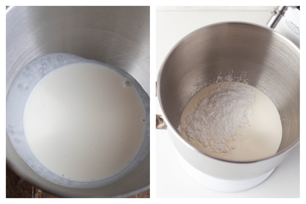 Cold heavy cream in a bowl next to powdered sugar on top of the cream.
