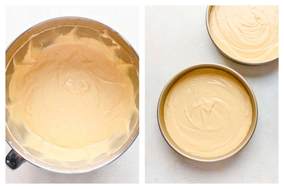 Yellow cake batter in a bowl next to the batter in two cake pans.
