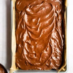 A pan of frosted brownies with a bowl of the frosting next to it.