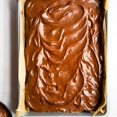 A pan of frosted brownies with a bowl of the frosting next to it.