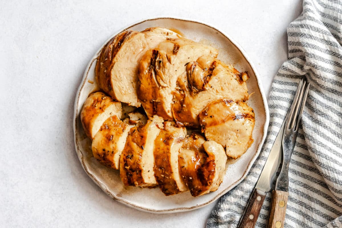 Two sliced grilled Margarita marinated chicken breasts. 