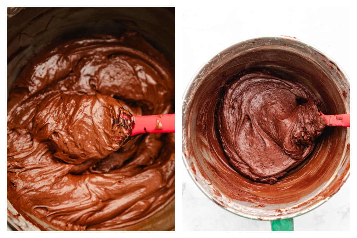 Mélange de chocolat incorporé au mélange d'œufs à côté de la pâte à cookies brownie dans un bol.