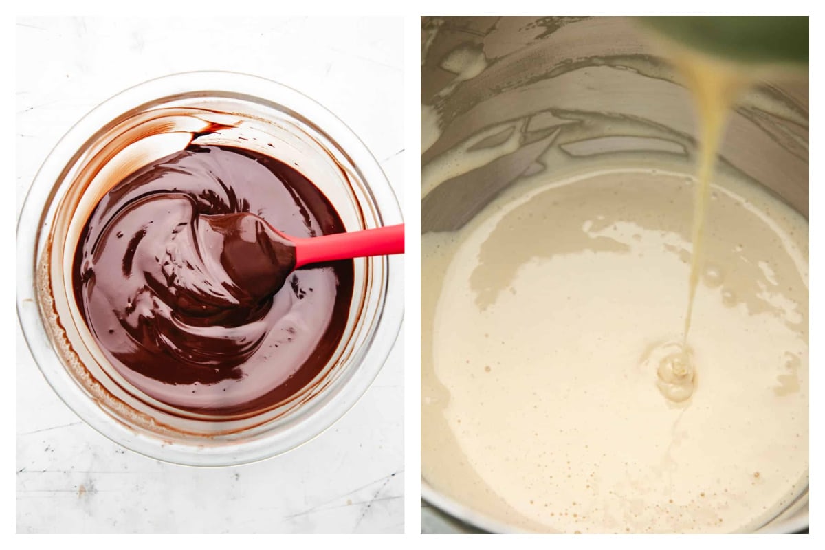 Beurre et chocolat fondus dans un bol à côté d'un mélange d'œufs en ruban.