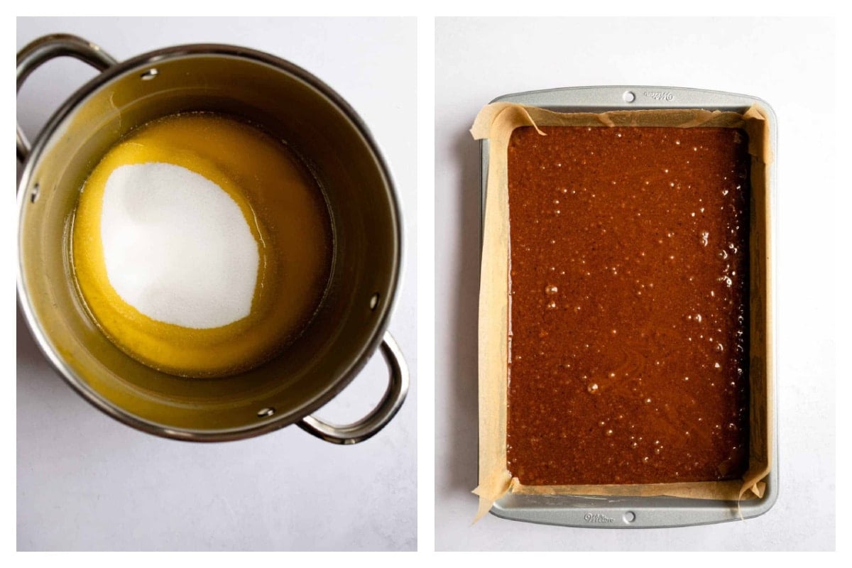 Melted butter and sugar in a saucepan next to brownie batter in a baking pan.