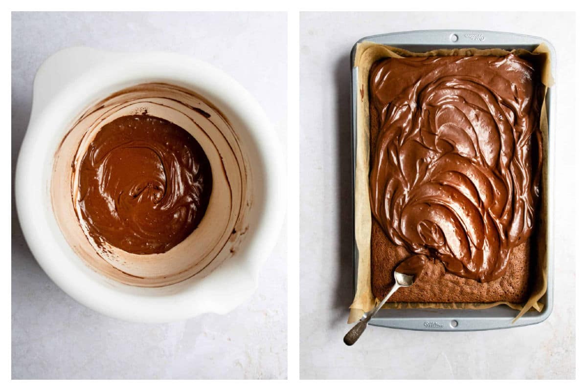 Chocolate cream cheese icing in a bowl next to a spoon spreading the icing over baked brownies.