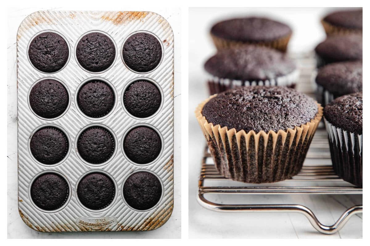 Baked Guinness cupcakes in a muffin tin next to baked cupcakes on a cooling rack.