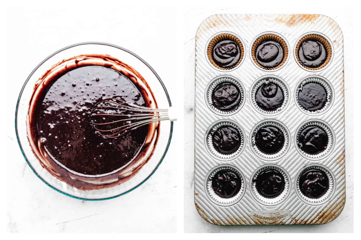 Guinness cupcake batter in a mixing bowl next to batter in a muffin tin.