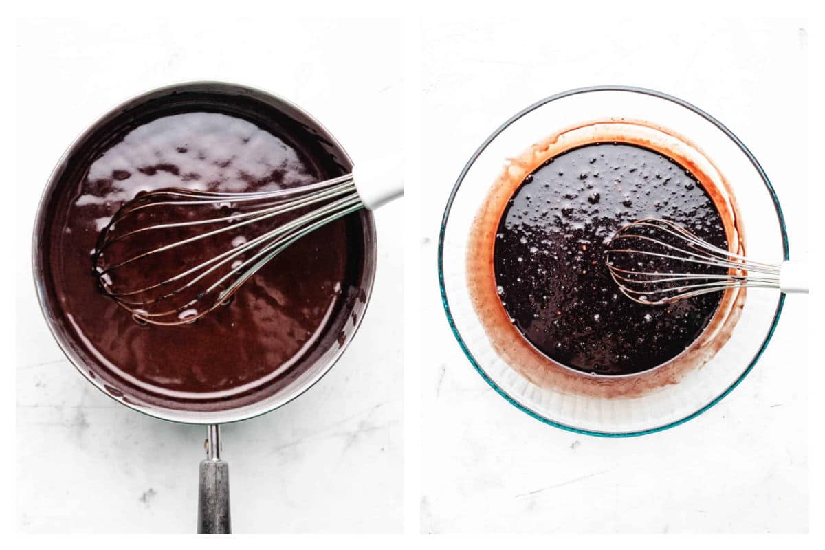 Guinness mixture in a saucepan next to mixture in a mixing bowl.