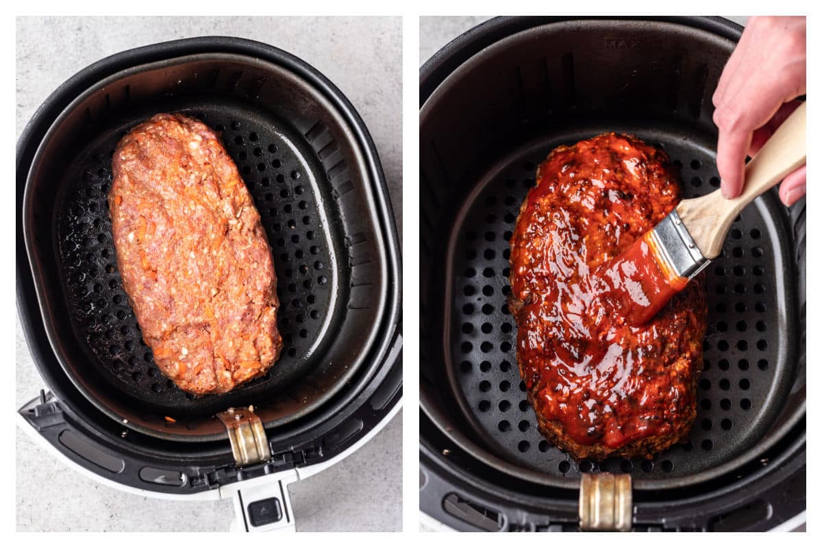Meatloaf in an air fryer basked next to brushing sauce on an air fryer meatloaf.
