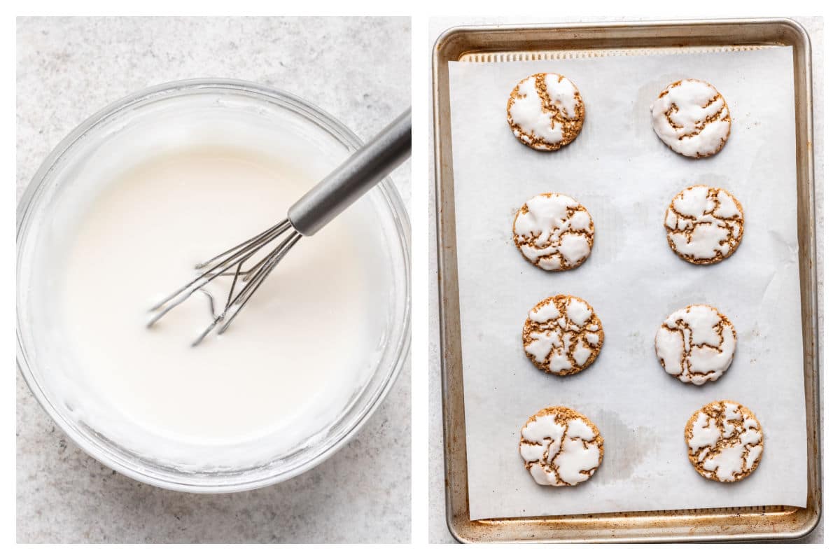 Glaçage pour biscuits à l'avoine dans un bol à côté de biscuits à l'avoine glacés sur une plaque à pâtisserie.