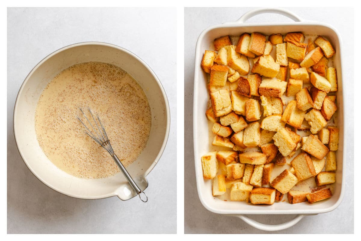 Bread pudding custard in a bowl next to toasted bread cubes in a baking dish.