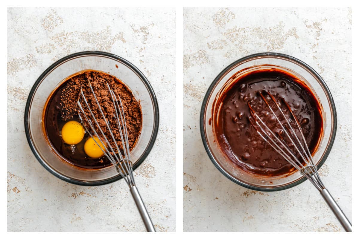 Egg whisked into in melted chocolate next to dry ingredients whisked in.
