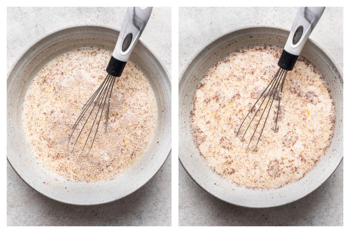 Wet ingredients in a bowl for baked rice pudding next to rice whisked in.