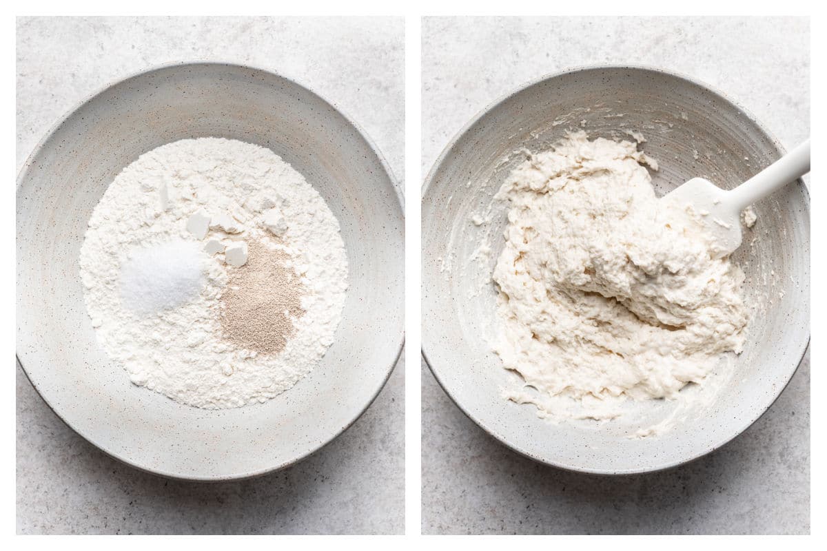 Dry ingredients in a bowl for no knead cheddar jalapeno bread next to water getting stirred in.