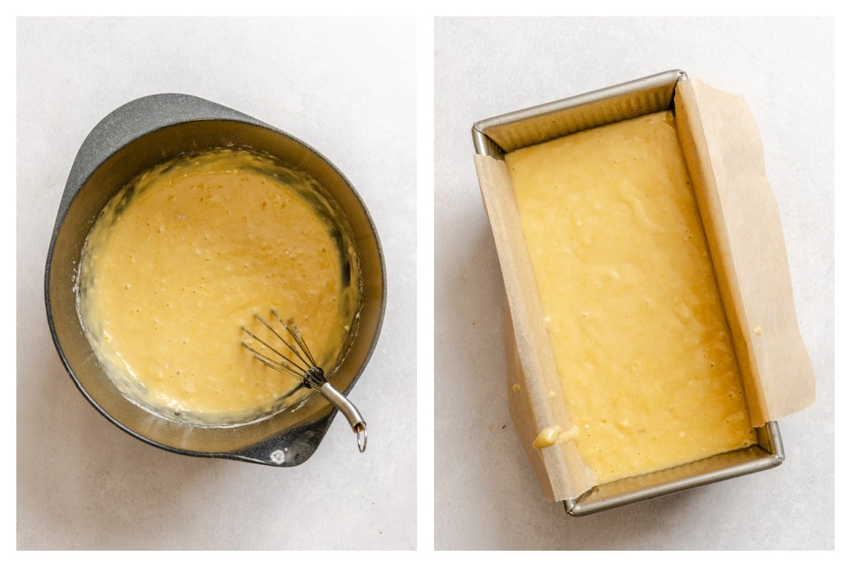 Almond quick bread  batter in a mixing bowl next to the batter in a loaf pan.