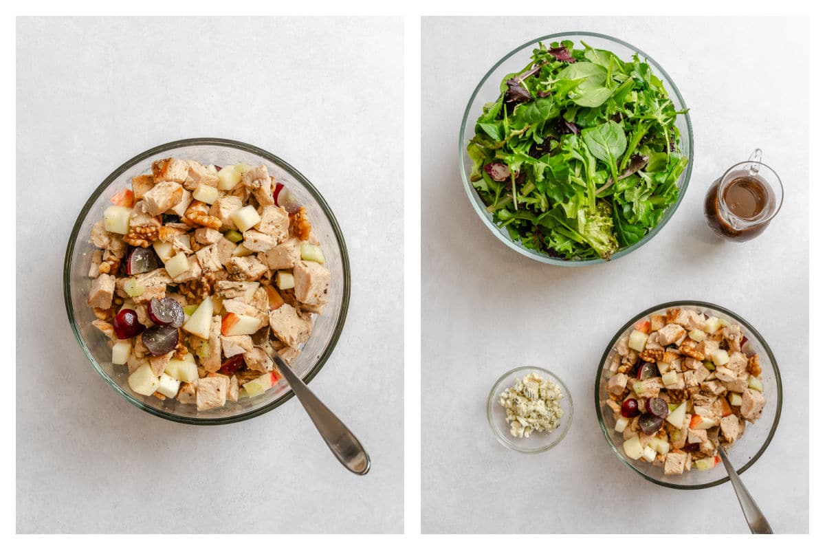 Chicken mixture in a bowl next to chicken mixture next to lettuce and toppings.