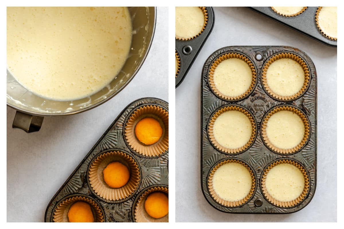 Cheesecake batter in a muffin tin.