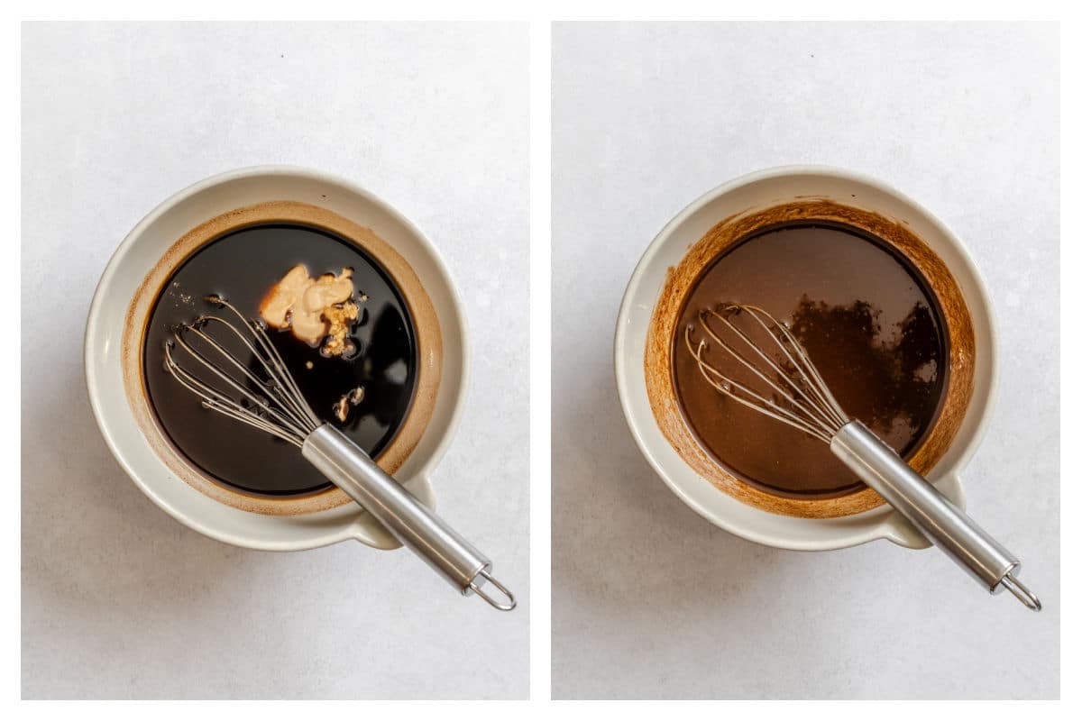 Ingredients for balsamic dressing in a mixing bowl next to the mixed dressing.