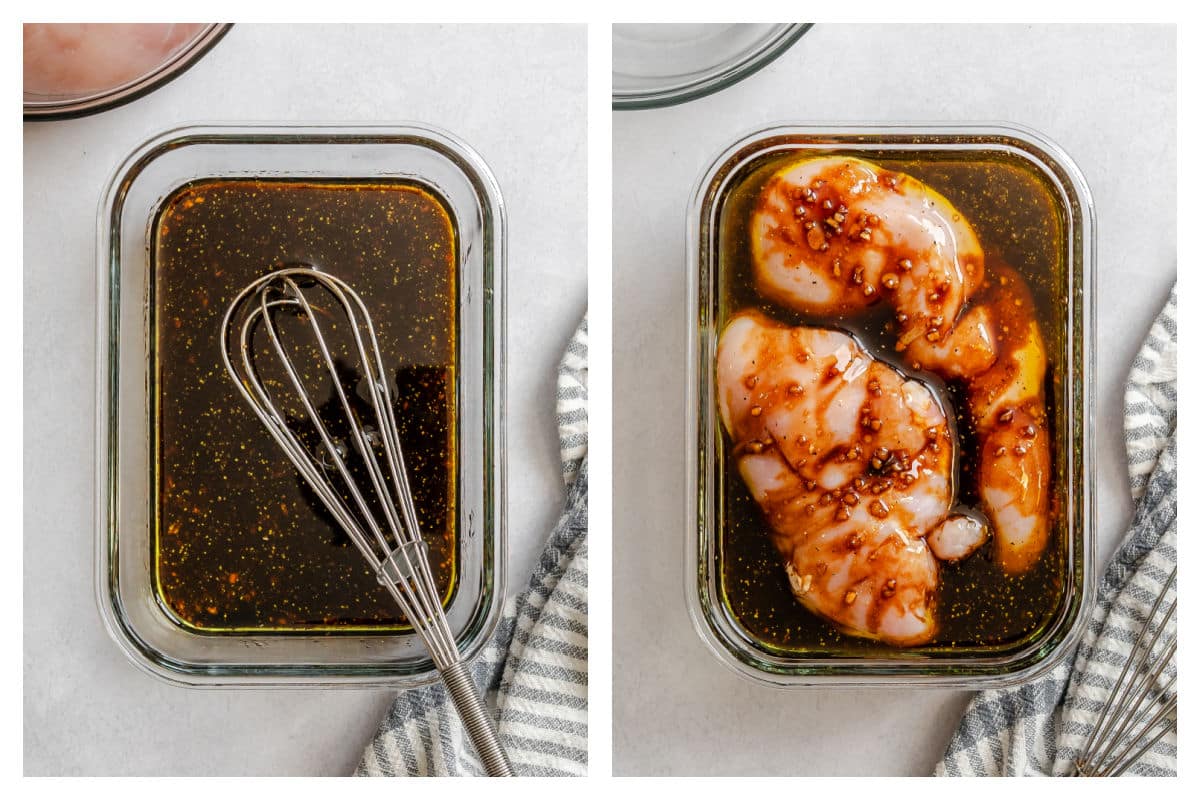Ingredients for everyday chicken marinade in a glass dish next to two chicken breasts in the marinade.