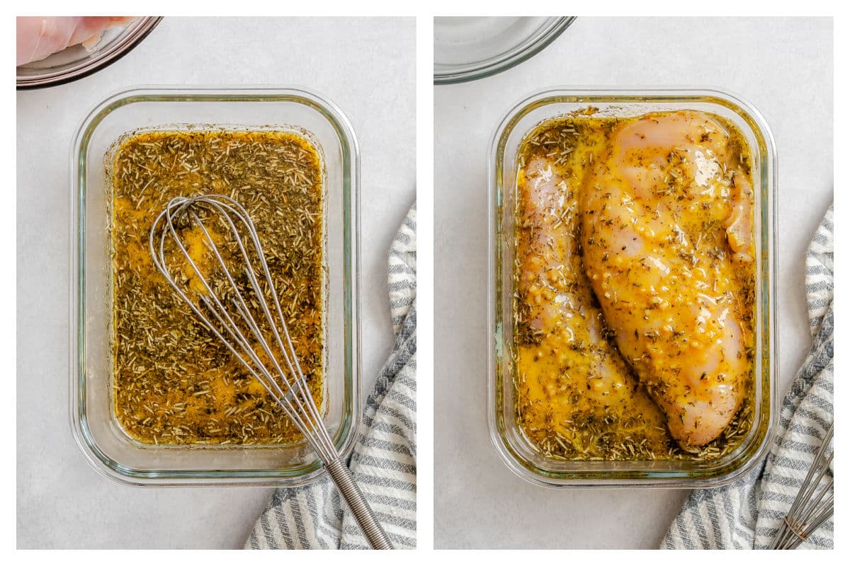 Marinade de poulet aux herbes et à la moutarde dans un plat, à côté du poulet en marinade.
